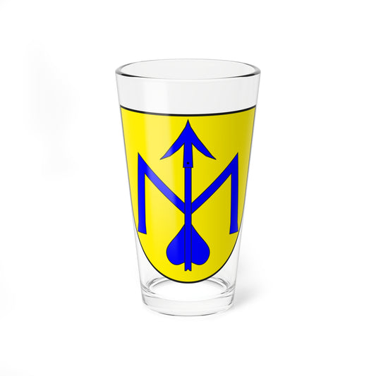 Blue arrow with a barbed head crossing a blue inverted-V bar on a solid yellow heater-shield field.