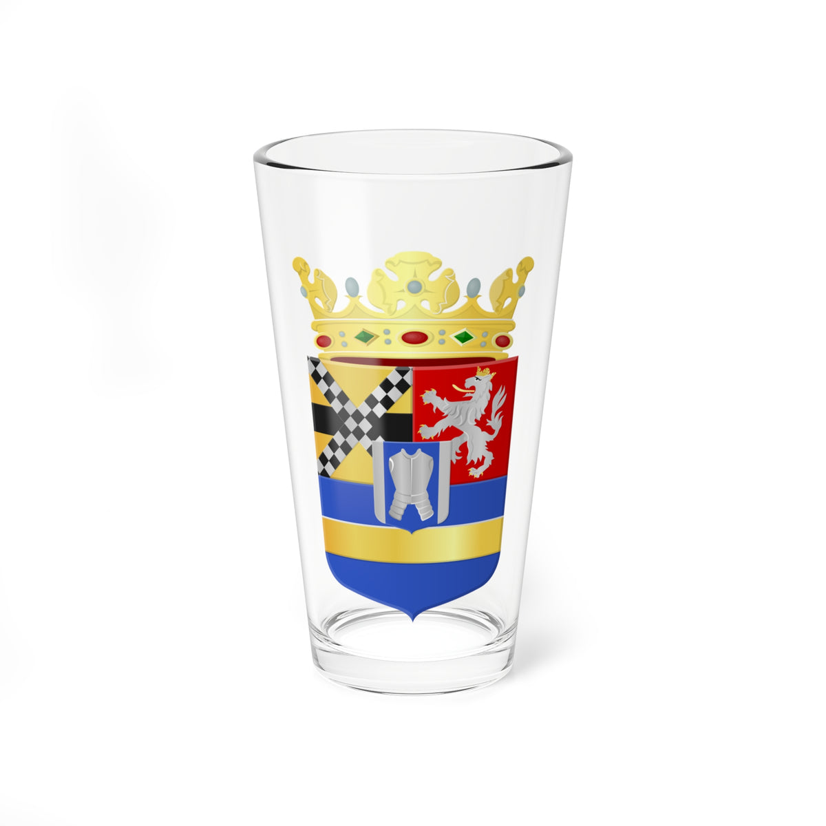 Heraldic coat of arms with a silver lion on red, a black and silver checkered saltire, and a gold crown on top.