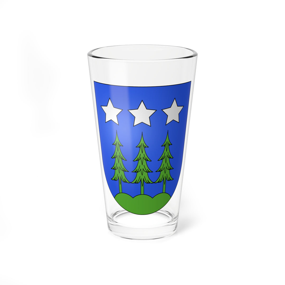 Three green fir trees on a green hill beneath three white stars on a blue heraldic shield in flat vector style.