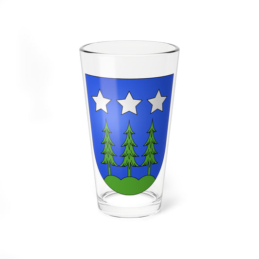 Three green fir trees on a green hill beneath three white stars on a blue heraldic shield in flat vector style.