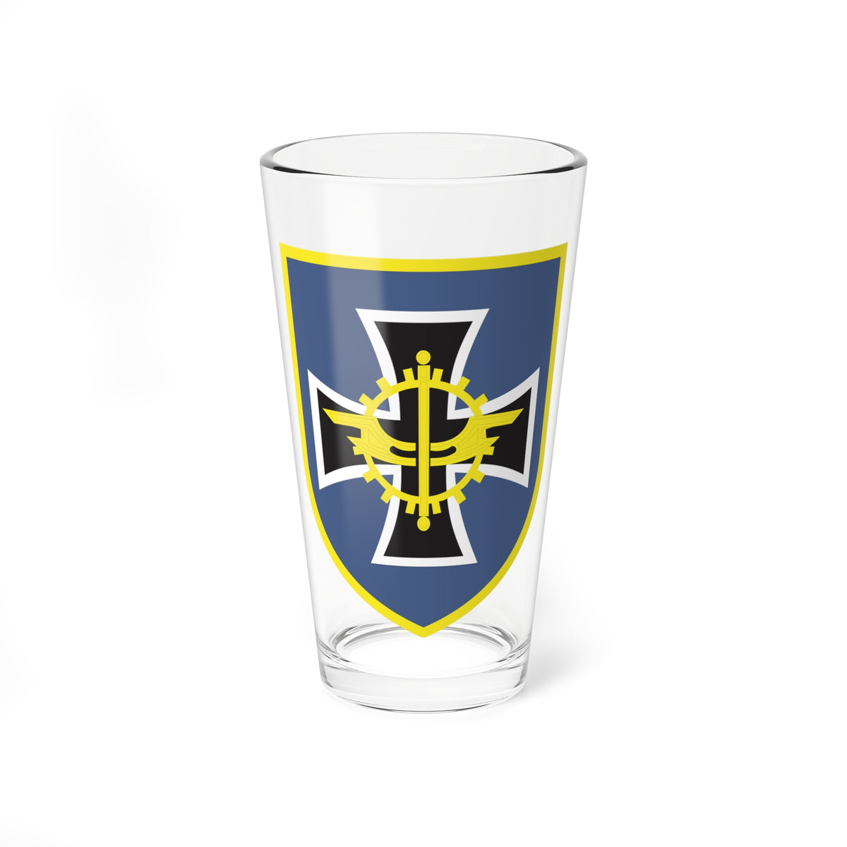 Blue shield with a yellow border holding a black and white cross, a yellow cog and a vertical bar at its centre.