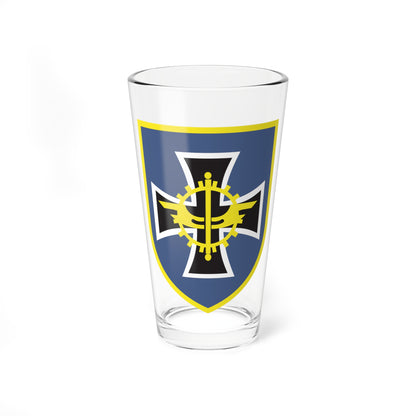 Blue shield with a yellow border holding a black and white cross, a yellow cog and a vertical bar at its centre.