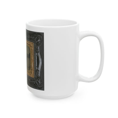 Private Levi F. Hocker Of Co. F, 17th Pennsylvania Cavalry Regiment, In Uniform With Pistol And Sword, On Horseback (U.S. Civil War) White Coffee Mug