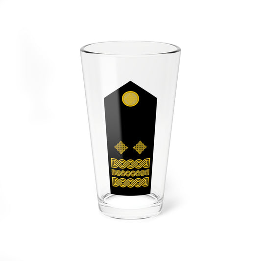 Black pointed shoulder board with a circular knot badge on top, two smaller emblems and three braided bands in gold.