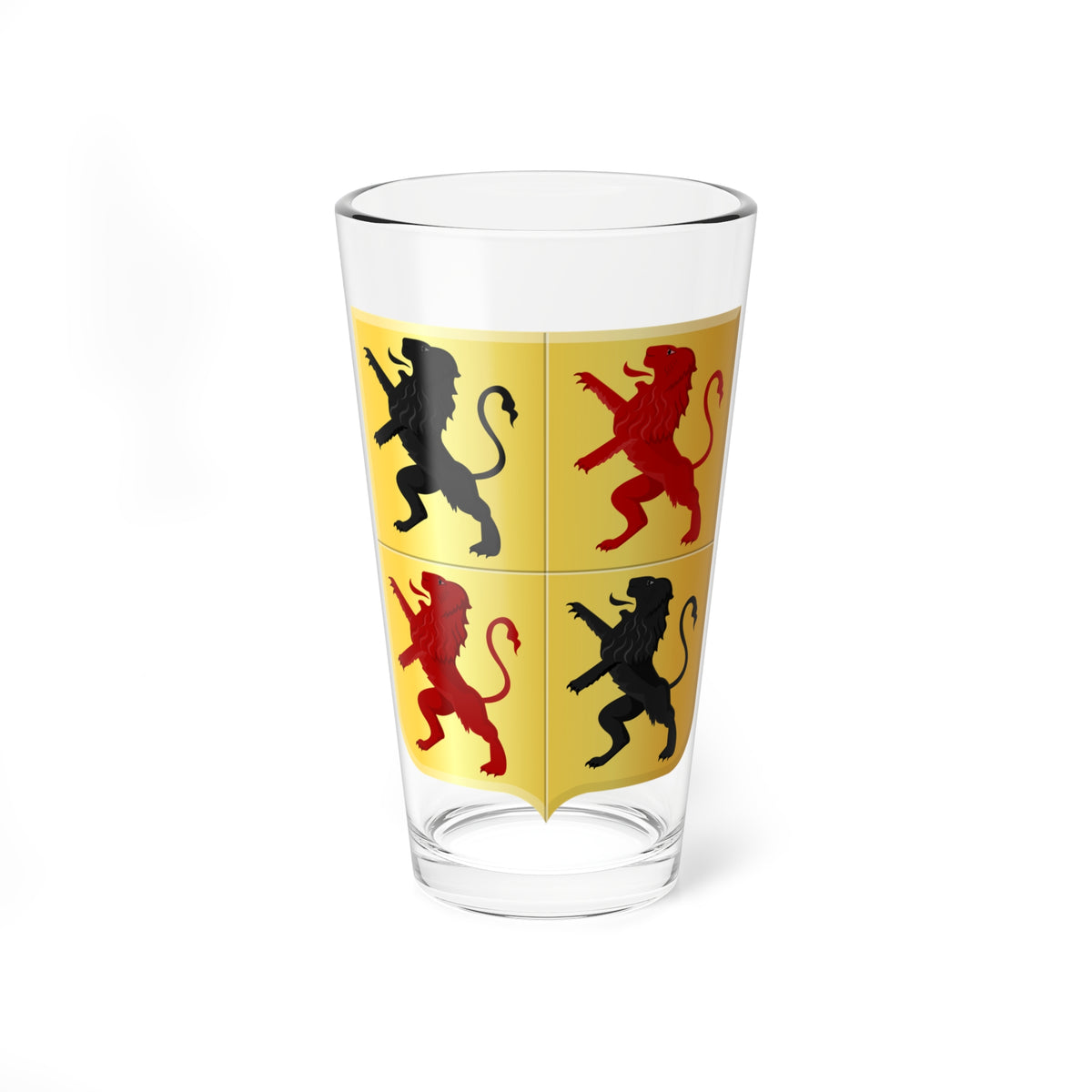 Gold heraldic shield quartered with four rampant lions in alternating black and red, two of each colour.