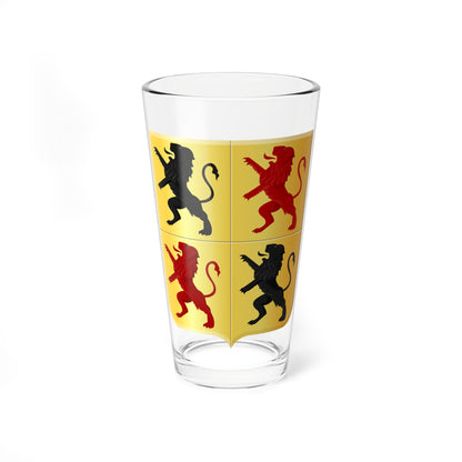Gold heraldic shield quartered with four rampant lions in alternating black and red, two of each colour.