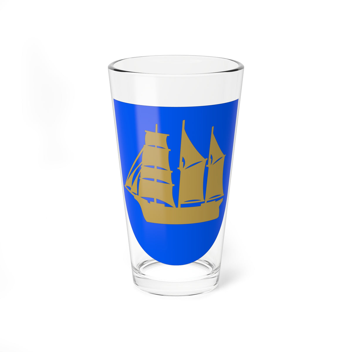 Gold three-masted sailing ship with full square sails and rigging in silhouette on a blue shield.