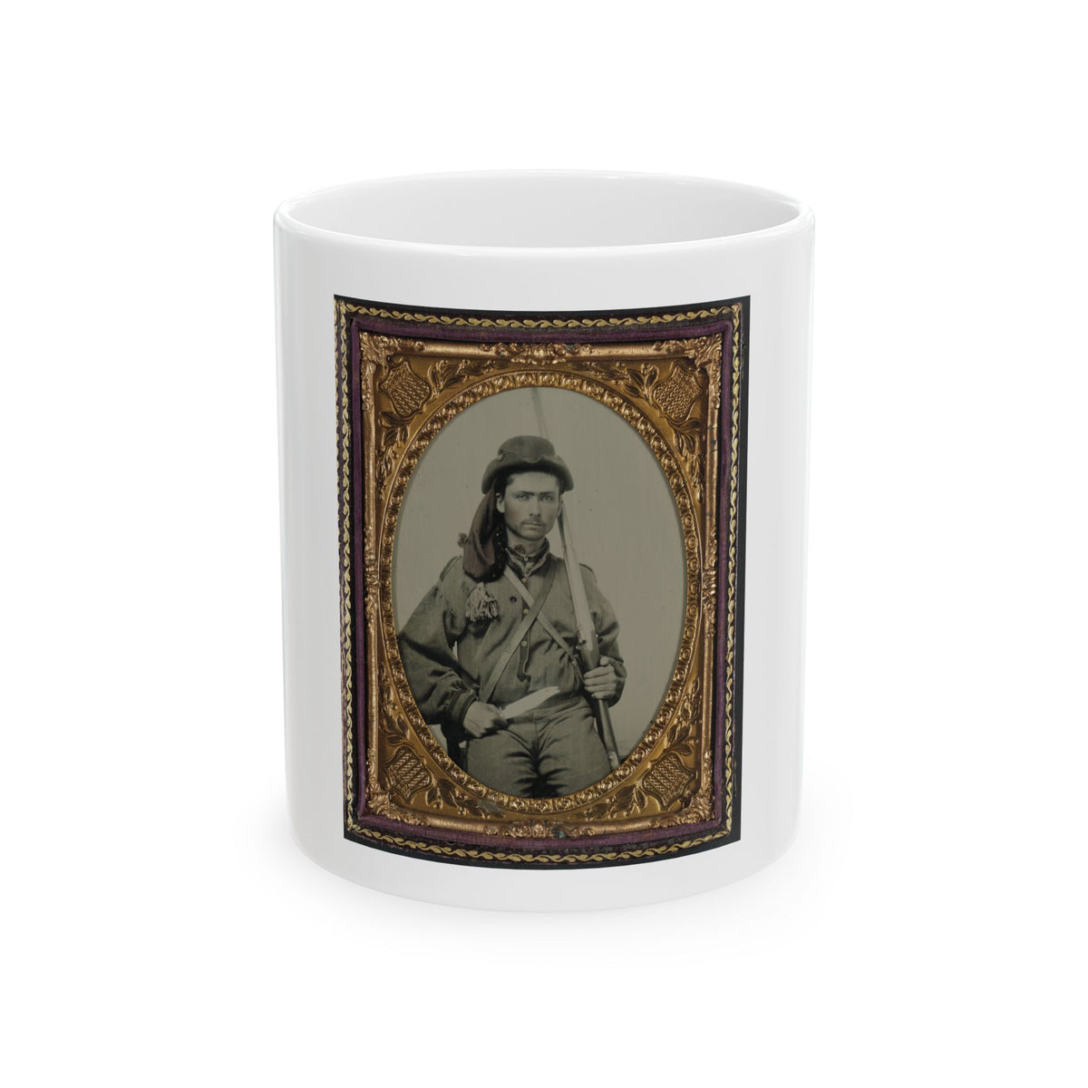 Unidentified Soldier In Confederate Infantry Uniform With Musket And Bowie Knife (U.S. Civil War) White Coffee Mug