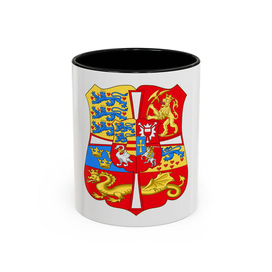 Large quartered royal coat of arms in gold, red and blue with lions, crowns, a dragon and a central swan and horse.
