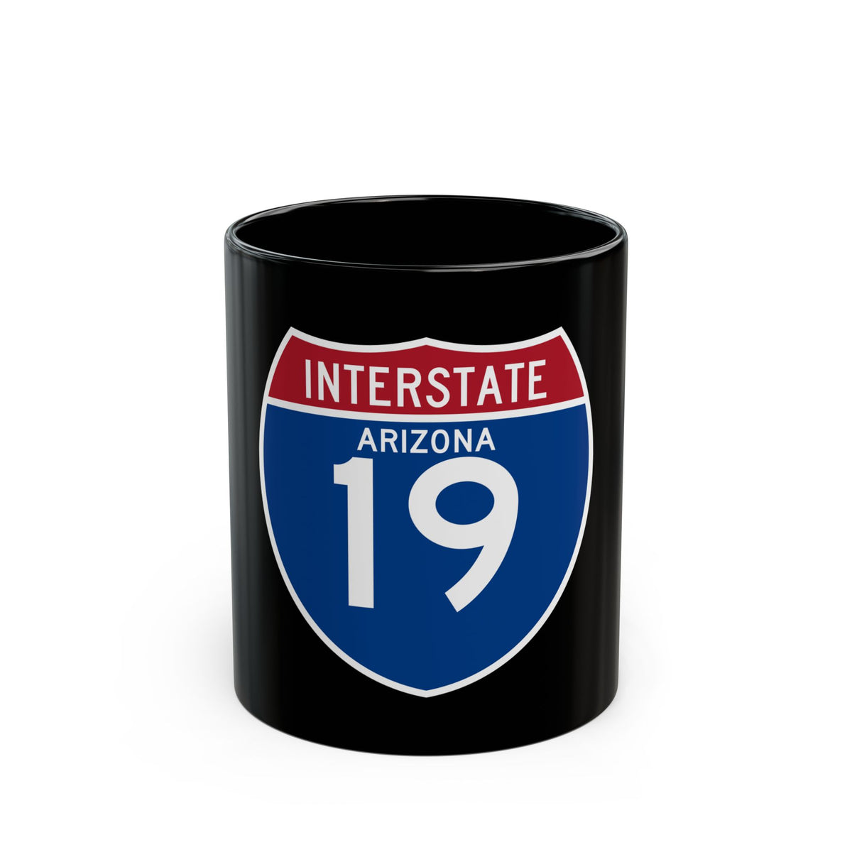 Navy and crimson Interstate 19 highway shield with INTERSTATE and ARIZONA lettering above a white route number.