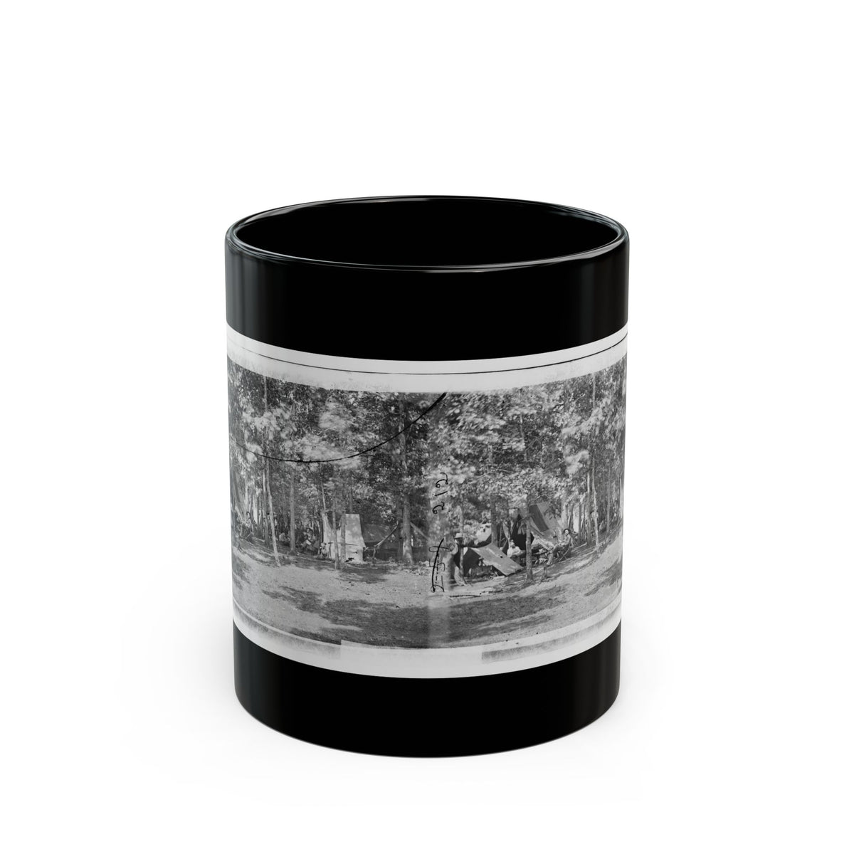 Black and white stereograph of a wooded army camp with canvas tents and soldiers resting.