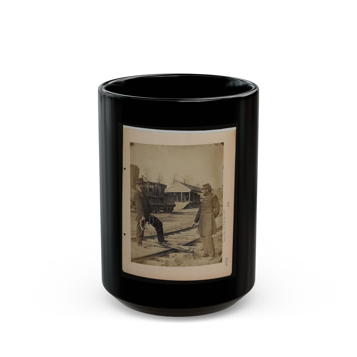 Military Railroad Operations In Northern Virginia  Soldier And Another Man Standing At Railroad Tracks In Front Of Locomotive (U.S. Civil War) Black Coffee Mug