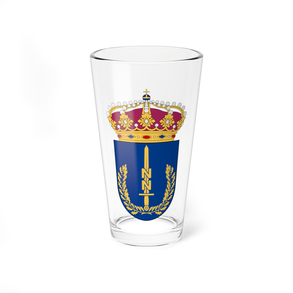 Navy heraldic shield with an upright sword flanked by oak branches in yellow, topped by a jeweled crown.