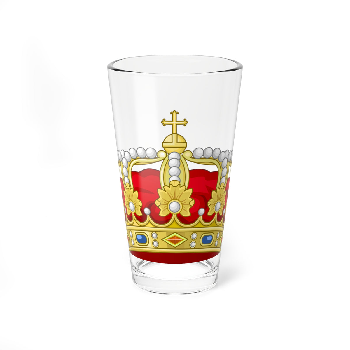 Gold heraldic crown with pearls, a red velvet cap and a small gold cross on top, drawn on a white background.