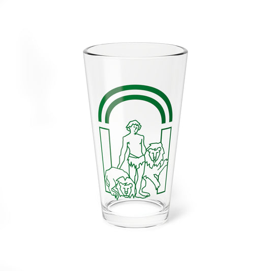 Green line drawing of Hercules standing between two lions beneath a double arch, in a simple monochrome emblem style.