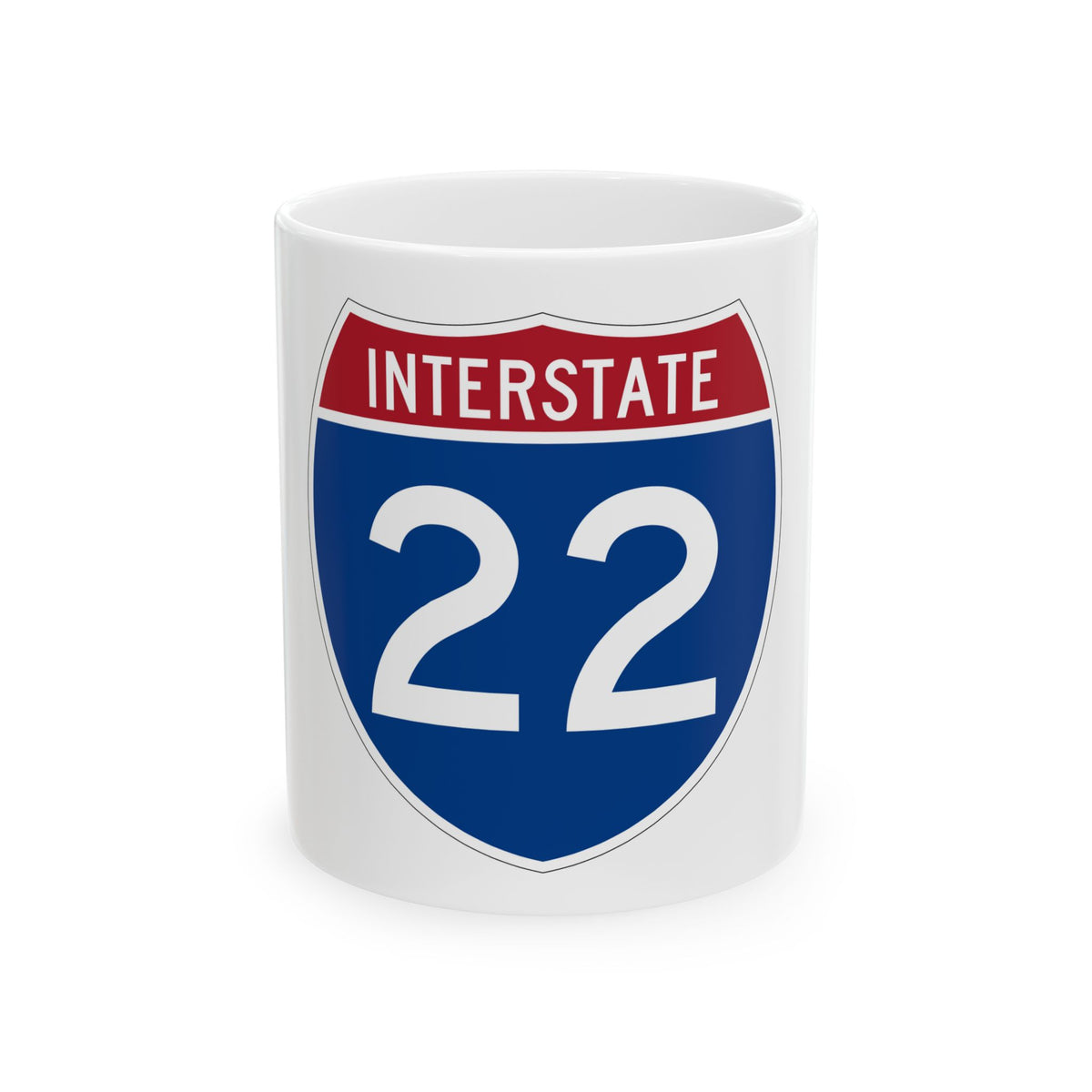 Flat vector US Interstate 22 shield with a brick red top band reading INTERSTATE over white numerals on navy.