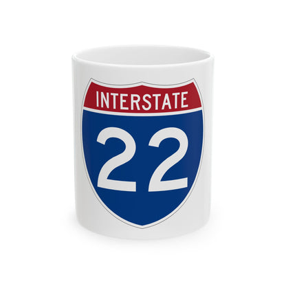 Flat vector US Interstate 22 shield with a brick red top band reading INTERSTATE over white numerals on navy.