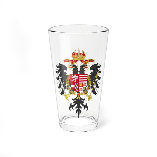 Black double-headed eagle holding a sword and sceptre, with a red and white quartered shield on its chest.