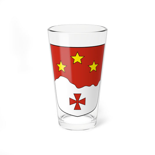 Red and white heraldic shield with three yellow five-pointed stars above a red cross on a white field.