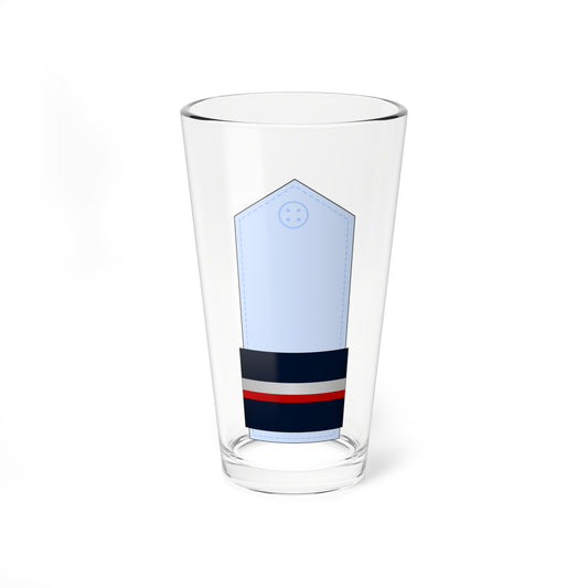 Pale blue military shoulder board with a navy band crossed by horizontal silver and red stripes.