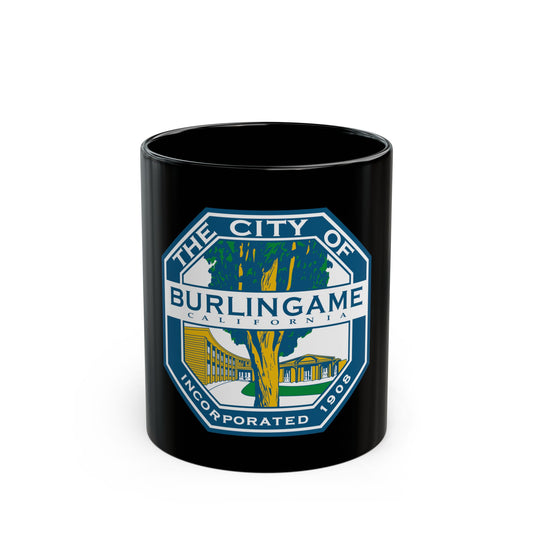 Octagonal civic seal of Burlingame, California, with a large tree before two municipal buildings in blue and gold.