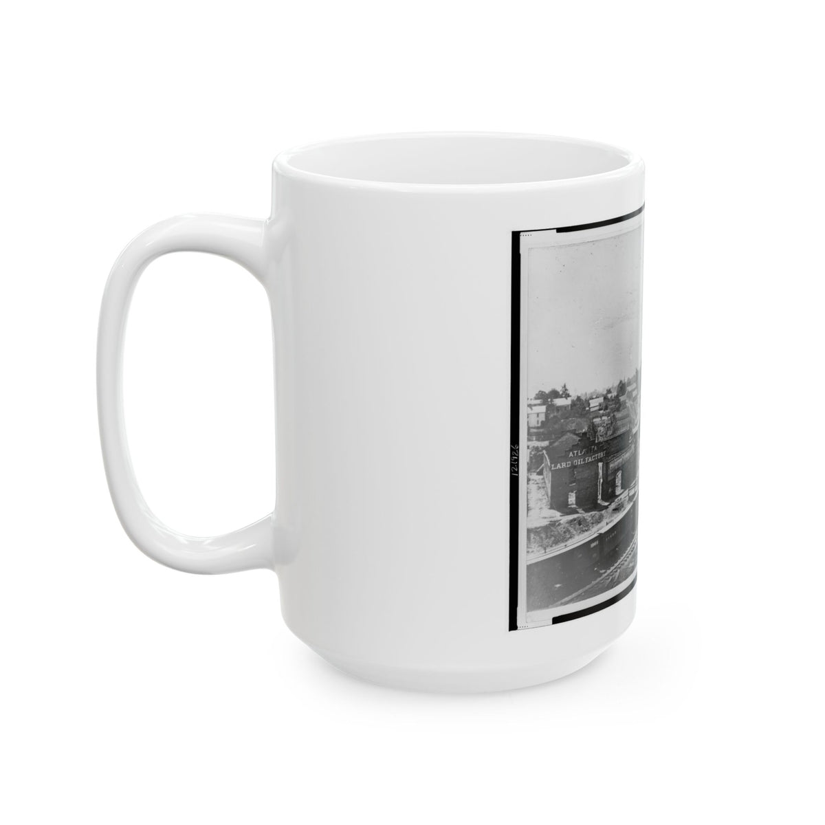 View Of Atlanta, Georgia, With Railroad Cars In Left Foreground (U.S. Civil War) White Coffee Mug