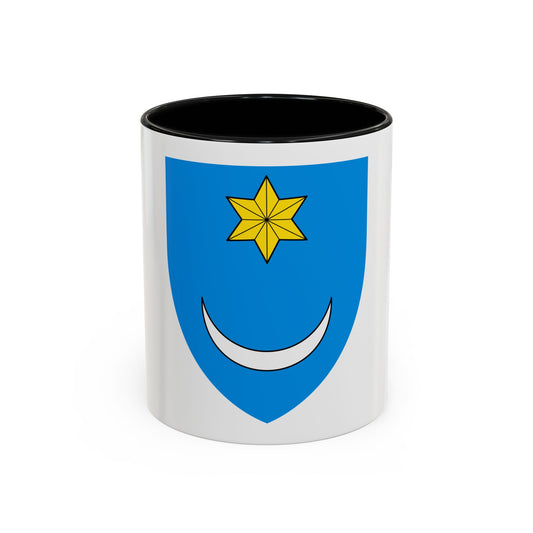 Sky blue heraldic shield with a gold six-pointed star resting above a white crescent moon, in flat vector style.