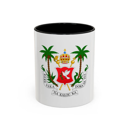 Heraldic emblem with a white dove on a red shield, a crown and crossed sceptres between palm trees.