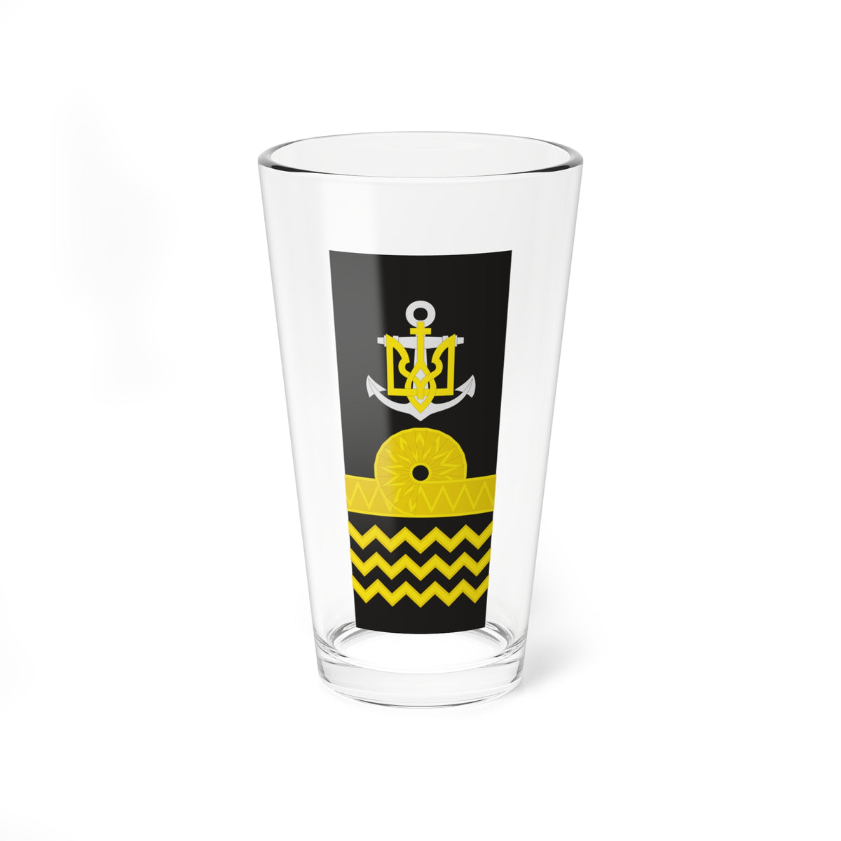 Flat vector naval insignia on black with a white anchor, yellow trident, rayed sun, zigzag band and chevron stripes.