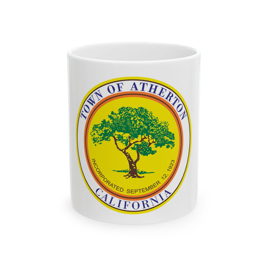 Yellow circular seal with a green oak tree and the words Town of Atherton, California around the rim.