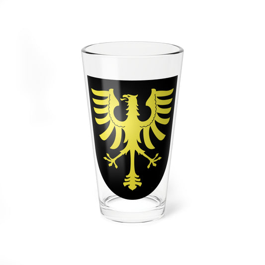 Gold heraldic eagle with spread wings and raised talons on a black shield, set on a plain background.