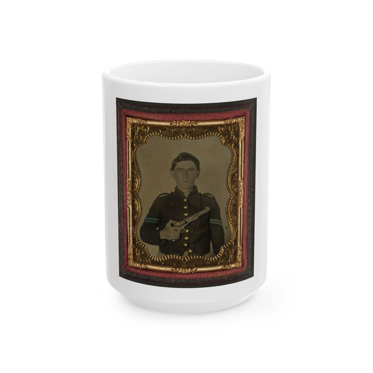 Unidentified Soldier In Union Corporal's Uniform Holding Colt Revolver To Chest (U.S. Civil War) White Coffee Mug
