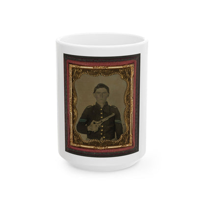 Unidentified Soldier In Union Corporal's Uniform Holding Colt Revolver To Chest (U.S. Civil War) White Coffee Mug