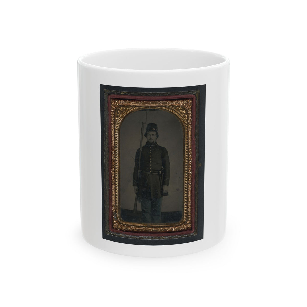 Unidentified Soldier In Union Uniform And Forage Cap With Holstered Revolver And Bayoneted Musket (U.S. Civil War) White Coffee Mug