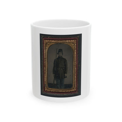 Unidentified Soldier In Union Uniform And Forage Cap With Holstered Revolver And Bayoneted Musket (U.S. Civil War) White Coffee Mug