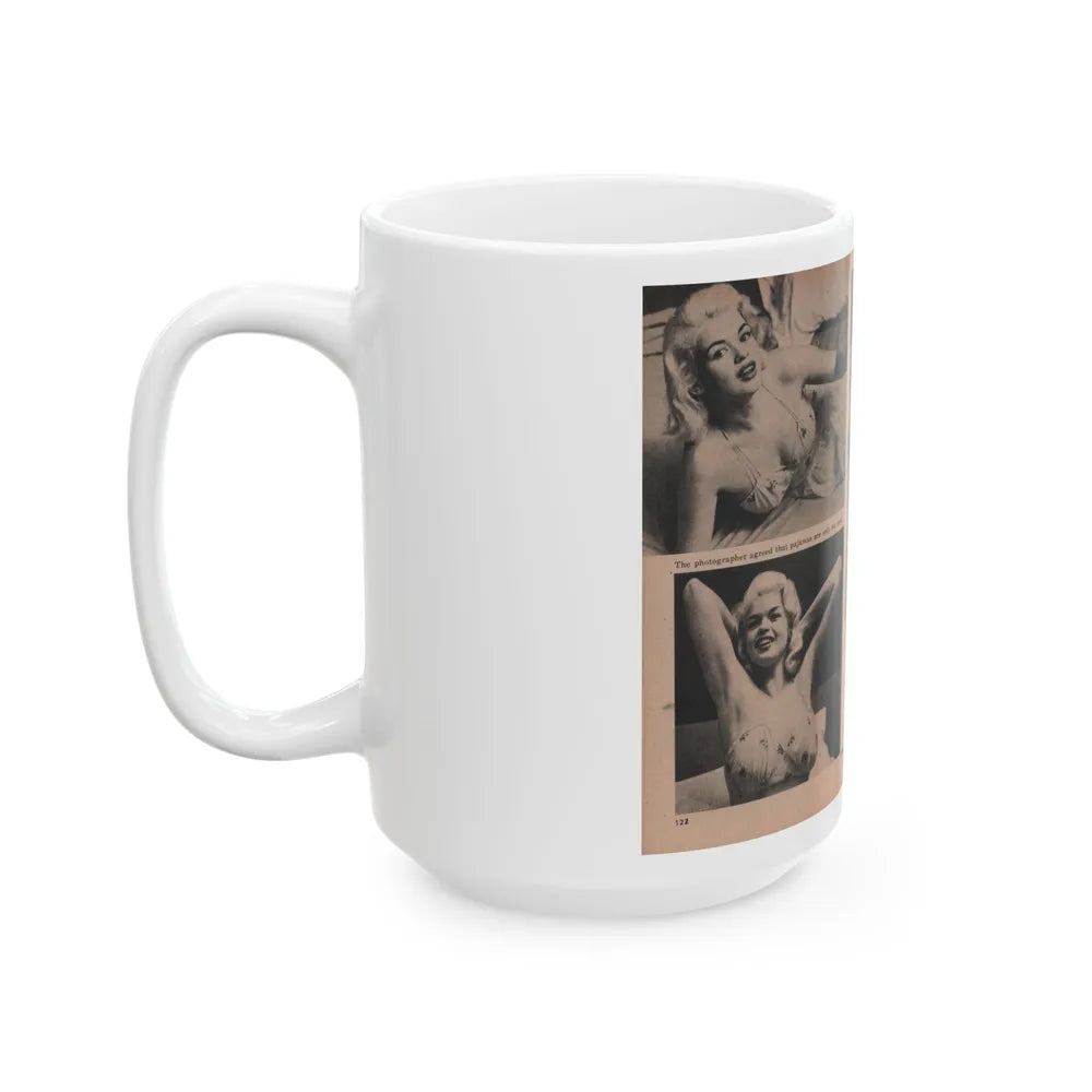 Jayne Mansfield #186 - 2 Pages, 4 B&W Photos, Captions & Article from Foto-rama Digest Mag. Dec. '56 (Vintage Female Icon) White Coffee Mug-Go Mug Yourself