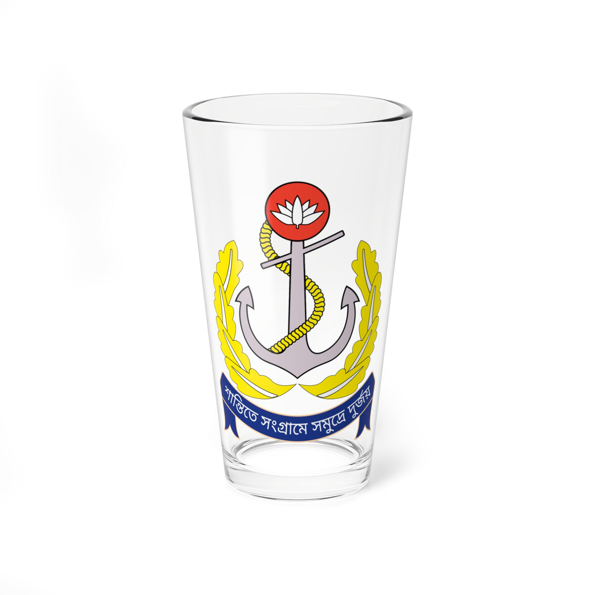 Navy crest with a grey anchor wrapped in yellow rope, a red roundel with a white lotus and a blue scroll banner.