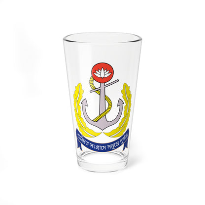 Navy crest with a grey anchor wrapped in yellow rope, a red roundel with a white lotus and a blue scroll banner.