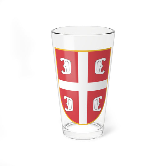 Red and white quartered cross shield with four white curled motifs inside a gold border.