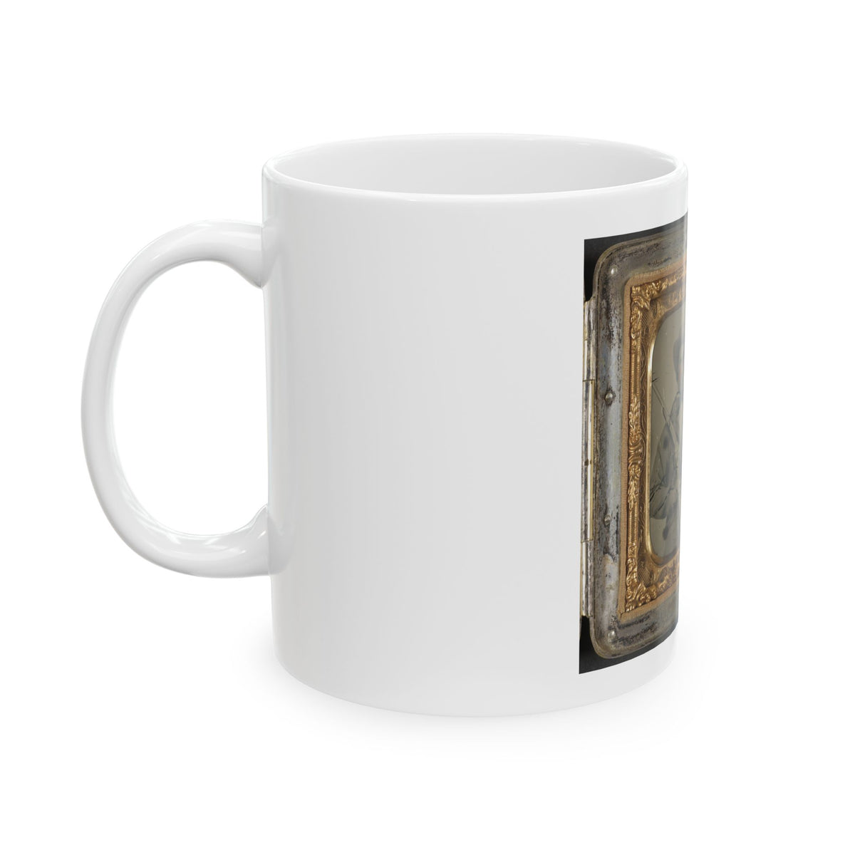 Unidentified Soldier In Confederate Cavalry Uniform With Sharps Carbine, Pistol, And Knife (1) (U.S. Civil War) White Coffee Mug