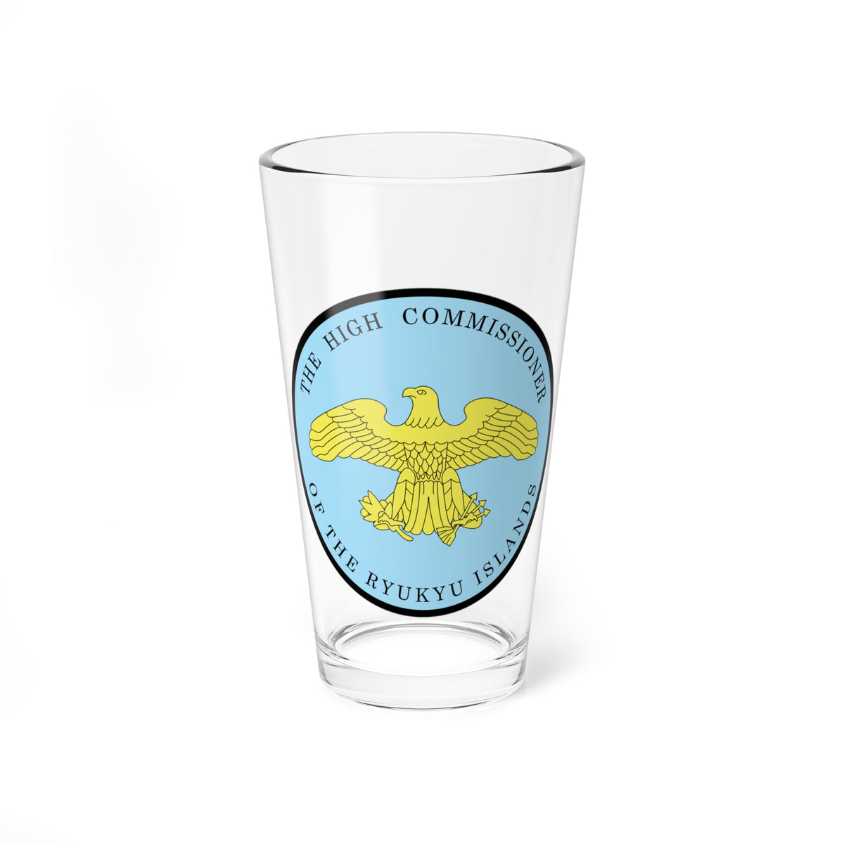 Yellow eagle with spread wings centred in a pale blue circular seal with black lettering around the rim on white.