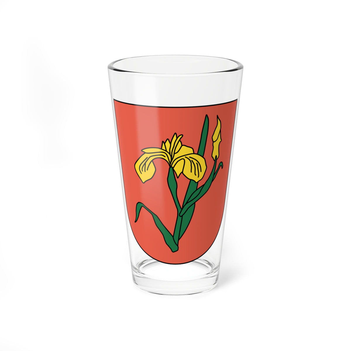 Yellow iris flower with a bud and green sword-shaped leaves on a red heraldic shield in flat vector style.