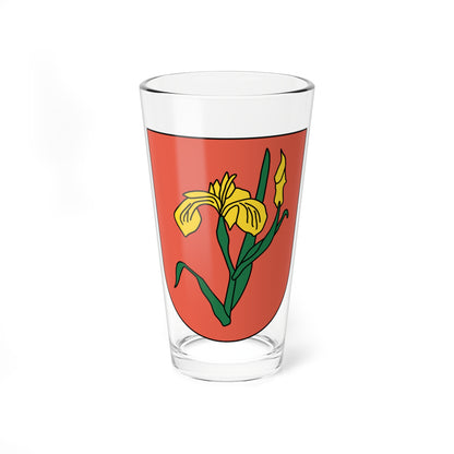Yellow iris flower with a bud and green sword-shaped leaves on a red heraldic shield in flat vector style.