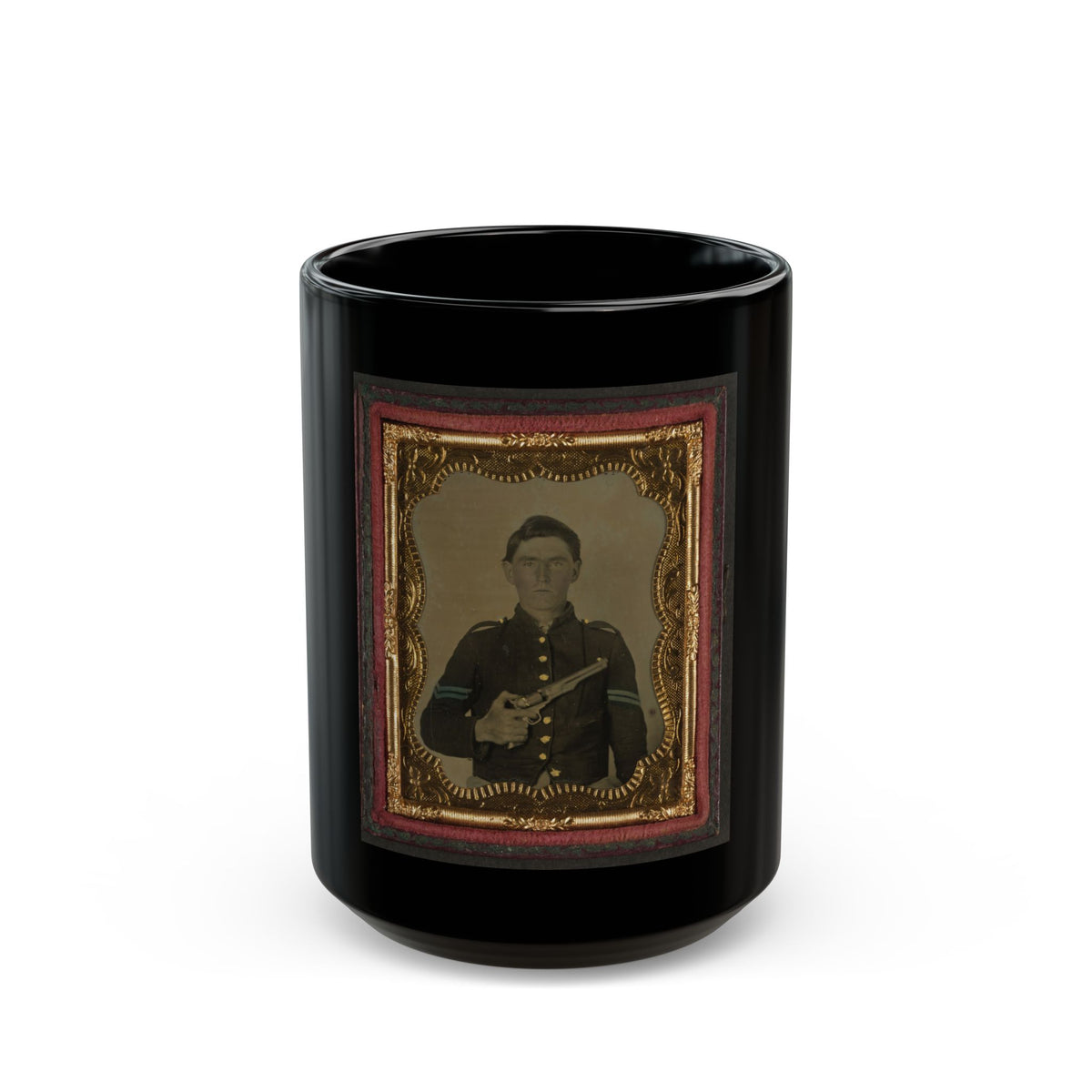 Unidentified Soldier In Union Corporal's Uniform Holding Colt Revolver To Chest (U.S. Civil War) Black Coffee Mug