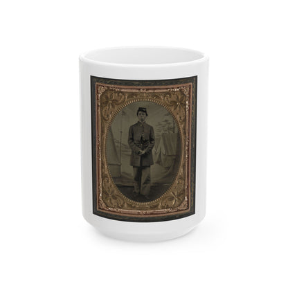 Standing Soldier, Frock Coat, Kepi, Painted Background, Dirt Floor, Done By Traveling Camp Photographer (U.S. Civil War) White Coffee Mug