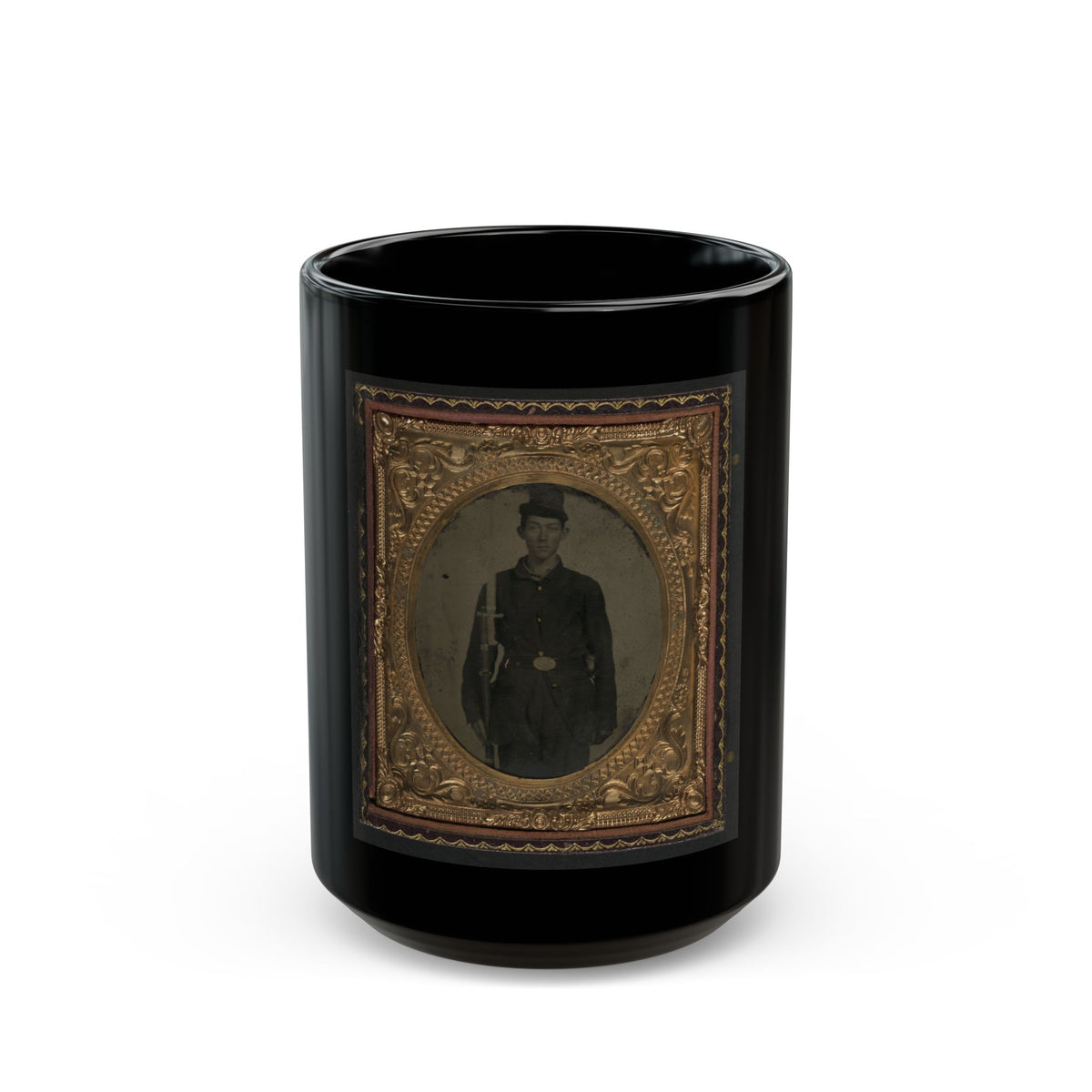 Unidentified Soldier In Union Sack Coat And Forage Cap With Cap Box, Musket, And Attached U.S. Model 1862  Zouave  Sword Bayonet (U.S. Civil War) Black Coffee Mug