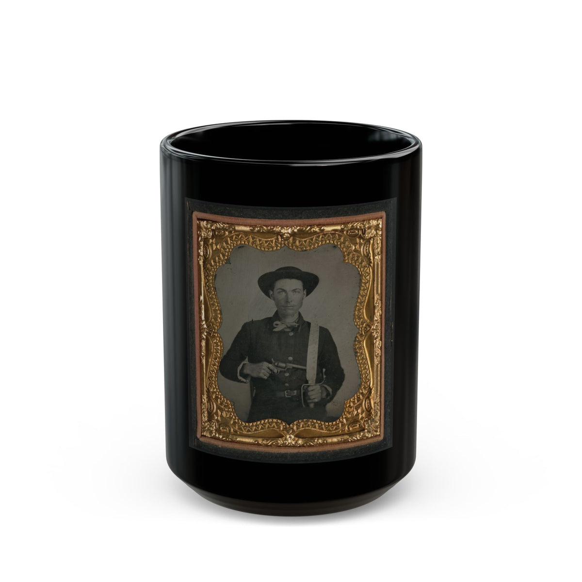 Unidentified Soldier In Confederate Uniform And Round Hat With Baby Colt Dragoon Revolver And D-Guard Bowie Knife (U.S. Civil War) Black Coffee Mug