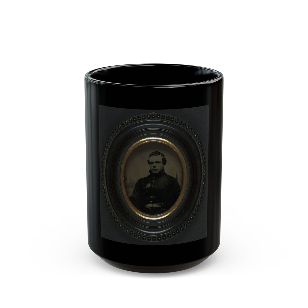 Private Roscoe G. Davenport Of Company H, 21st Maine Infantry In Front Of Painted Backdrop Showing Rugged Coast (U.S. Civil War) Black Coffee Mug