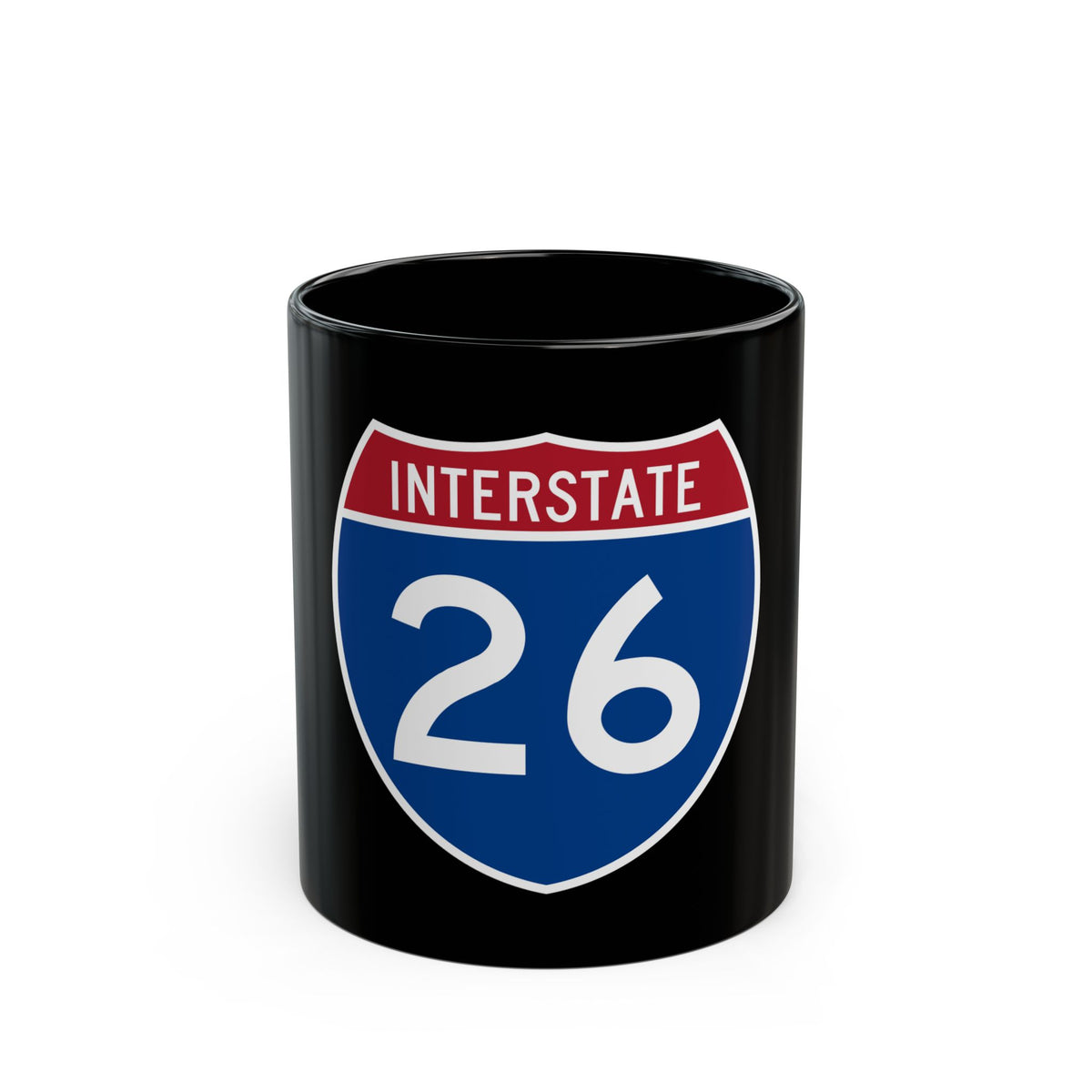 Deep blue Interstate 26 highway marker with a red top band labelled INTERSTATE and the white number 26.
