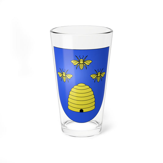 Blue heraldic shield with a yellow skep beehive and an arched entrance below three yellow bees.